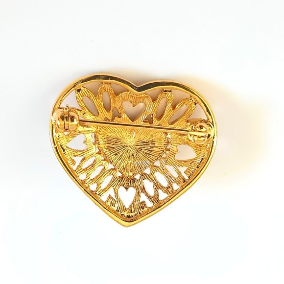 Monet Gold Millennium Heart Brooch with Crystal Pave Center Open Work 2000 Pin - Picture 4 of 5